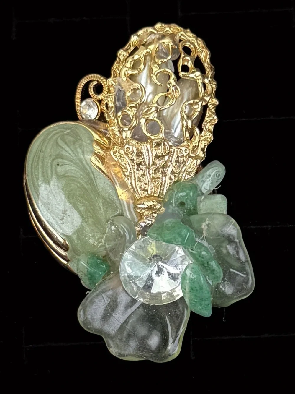 One of a Kind Vintage Green Cluster Basket Brooch Gold Tone Statement Pin